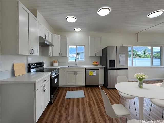 kitchen featuring sink, stainless steel appliances, white cabinetry, and dark wood-type flooring