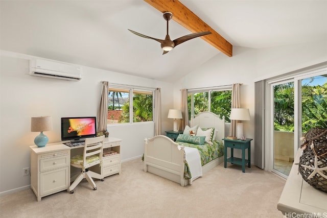 carpeted bedroom with vaulted ceiling with beams, access to outside, an AC wall unit, and ceiling fan