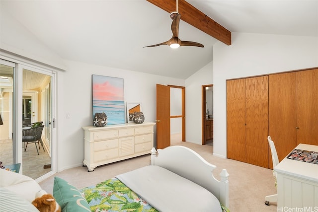 carpeted bedroom featuring vaulted ceiling with beams and ceiling fan