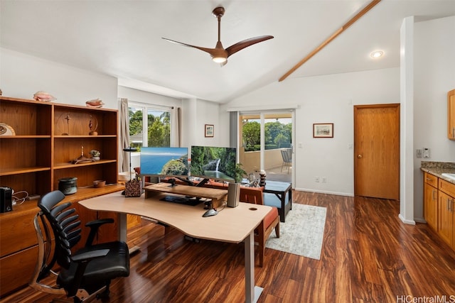 office area featuring ceiling fan, lofted ceiling, a wealth of natural light, and dark hardwood / wood-style floors