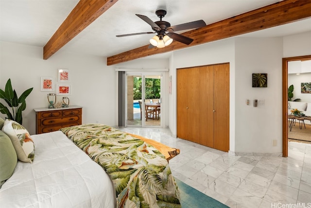 bedroom featuring beamed ceiling, a closet, access to outside, and ceiling fan