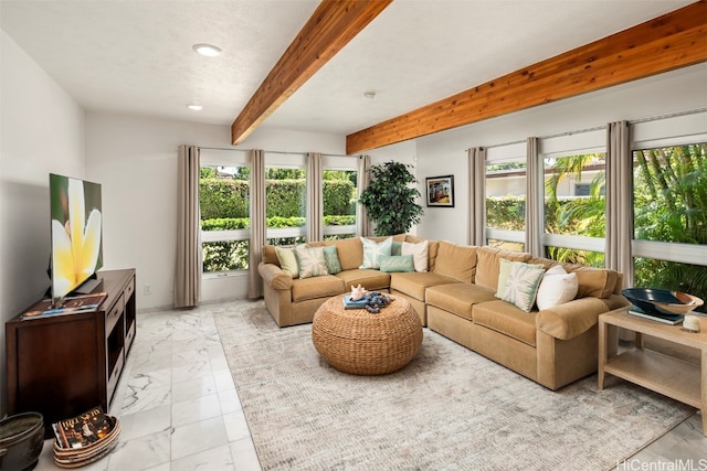 living room with beam ceiling and a wealth of natural light