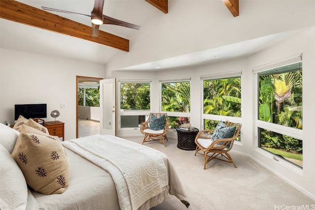 bedroom with ceiling fan, high vaulted ceiling, beamed ceiling, and light colored carpet