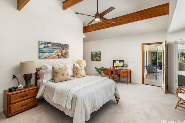 carpeted bedroom with vaulted ceiling with beams, access to exterior, and ceiling fan