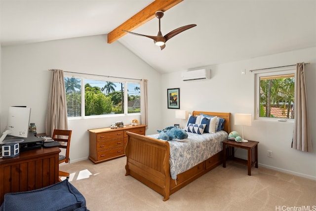 bedroom featuring ceiling fan, multiple windows, a wall mounted air conditioner, and light colored carpet