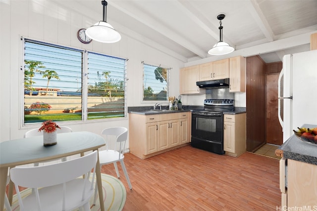 kitchen featuring lofted ceiling with beams, electric range, light wood-type flooring, pendant lighting, and white fridge