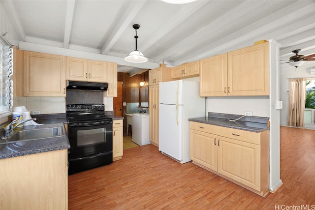 kitchen with light hardwood / wood-style flooring, sink, black / electric stove, decorative light fixtures, and white fridge