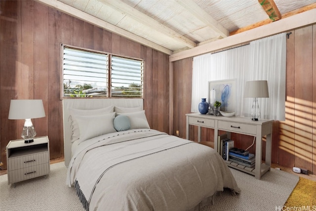 bedroom featuring wood walls, beamed ceiling, and wooden ceiling