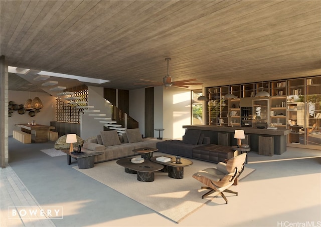 living room with wood ceiling and ceiling fan