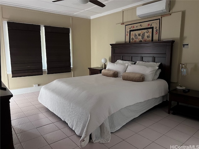 bedroom with ornamental molding, a wall unit AC, light tile patterned floors, and ceiling fan