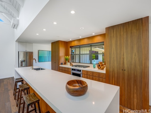 kitchen with dark hardwood / wood-style floors, a large island, sink, white cabinetry, and appliances with stainless steel finishes