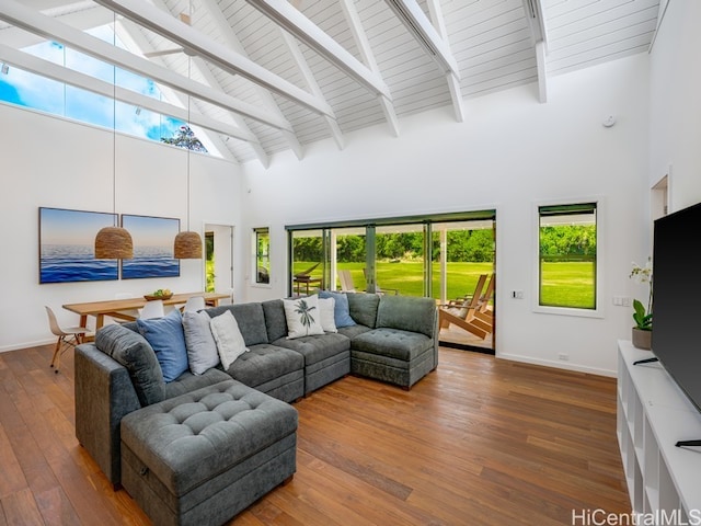 living room featuring beam ceiling, wood ceiling, hardwood / wood-style flooring, and high vaulted ceiling