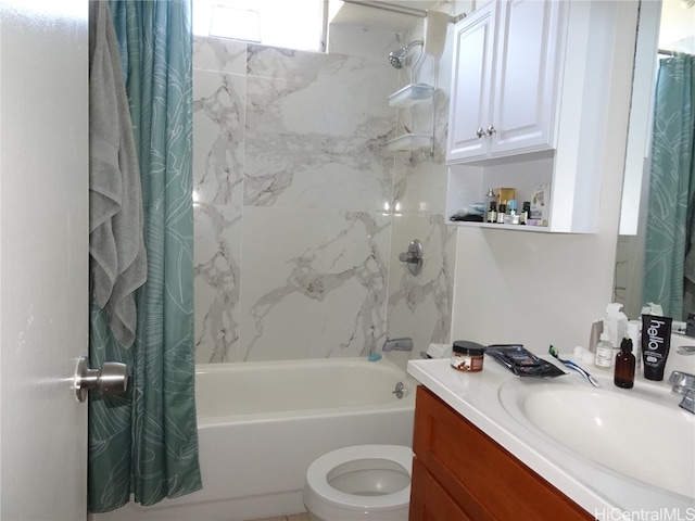 full bathroom featuring toilet, vanity, and shower / bathtub combination with curtain