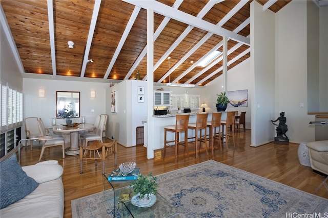 living room with hardwood / wood-style floors, beam ceiling, wooden ceiling, and high vaulted ceiling