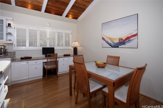 dining room featuring beamed ceiling, dark hardwood / wood-style floors, wooden ceiling, and high vaulted ceiling