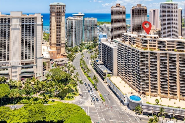 property's view of city featuring a water view