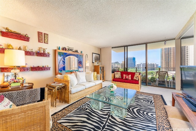 living room with expansive windows and a textured ceiling