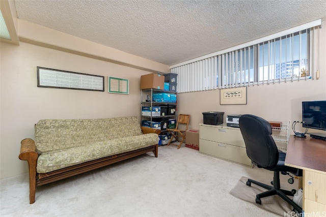 office featuring a textured ceiling and light colored carpet