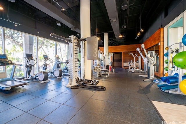 exercise room featuring wood walls and a towering ceiling