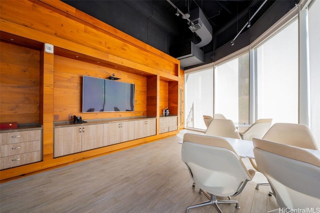 cinema room with wooden walls and light wood-type flooring