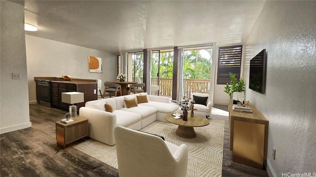 living room with a textured ceiling and dark wood-type flooring