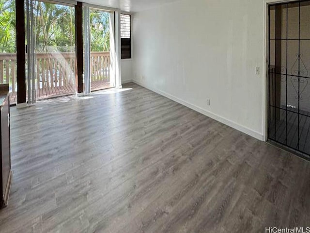 interior space featuring baseboards, a wall of windows, and wood finished floors