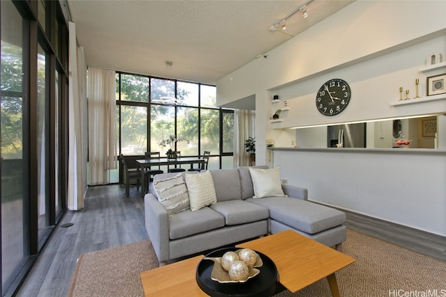 living room featuring dark hardwood / wood-style floors, a textured ceiling, and floor to ceiling windows