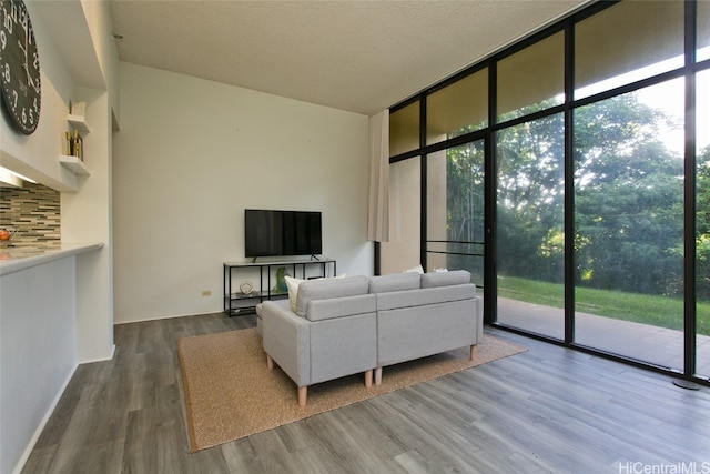 living room featuring expansive windows, a textured ceiling, and hardwood / wood-style flooring