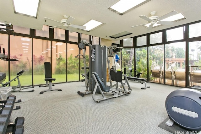 workout area with a ceiling fan and expansive windows