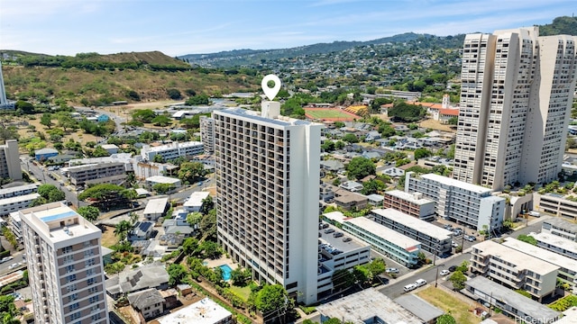 drone / aerial view featuring a mountain view