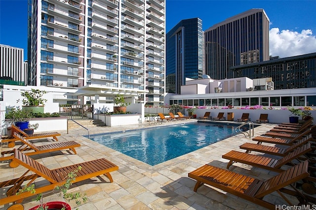 community pool featuring a patio and a city view