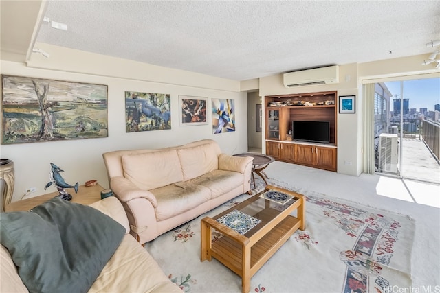 living room with light carpet, an AC wall unit, and a textured ceiling