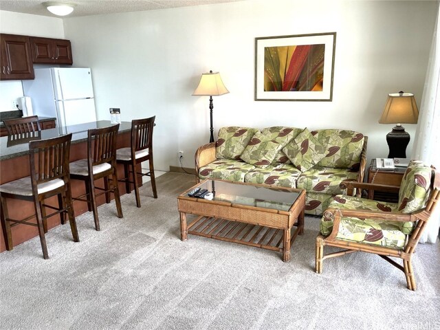 living room with a textured ceiling and light colored carpet