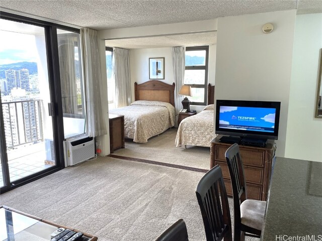 carpeted bedroom with a textured ceiling, cooling unit, and access to exterior