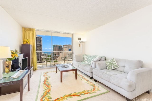 living room with expansive windows, carpet floors, and a textured ceiling