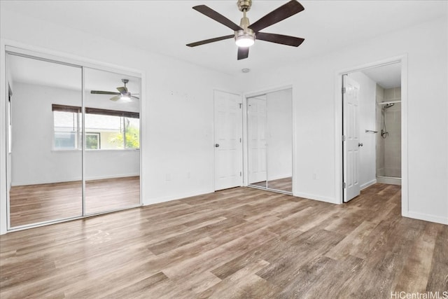 unfurnished bedroom with light hardwood / wood-style flooring and ceiling fan