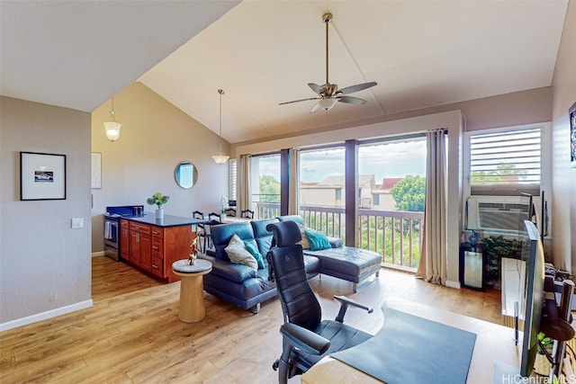 living room with lofted ceiling, cooling unit, light wood-type flooring, and ceiling fan