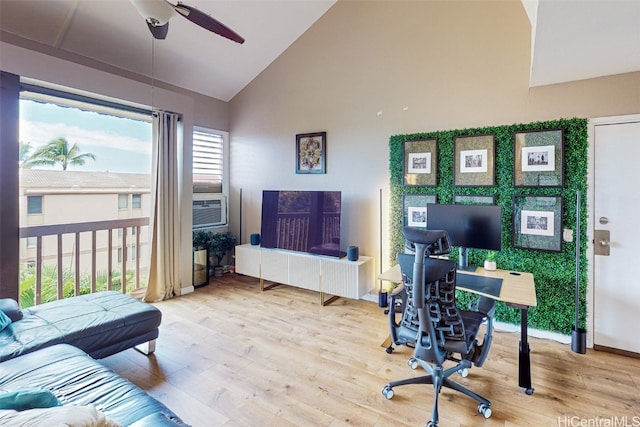 office area with ceiling fan, high vaulted ceiling, and light wood-type flooring