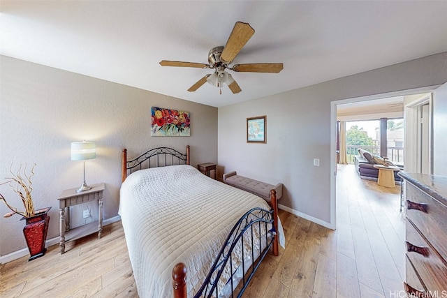 bedroom with ceiling fan and light wood-type flooring