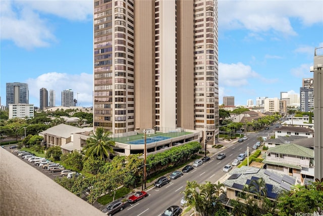 view of building exterior with a city view