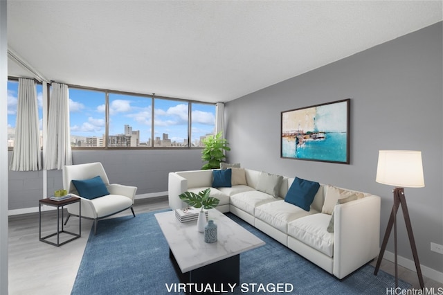 living room featuring wood finished floors, a city view, and baseboards