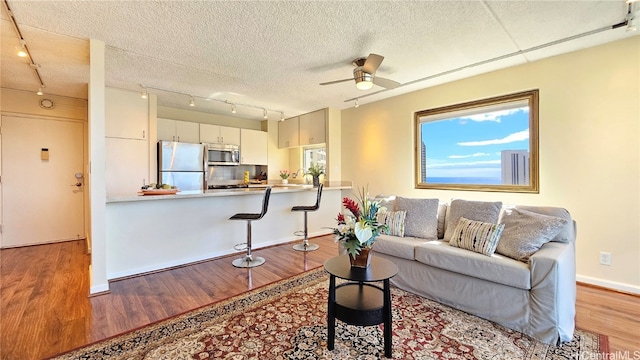 living room with ceiling fan, light hardwood / wood-style flooring, track lighting, and a textured ceiling