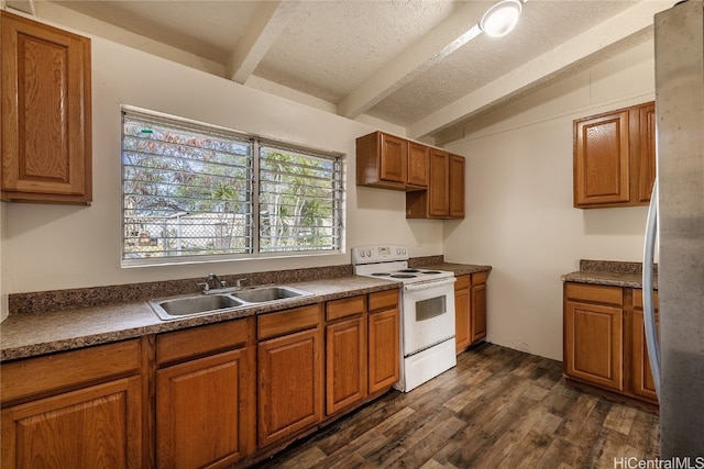 kitchen with vaulted ceiling with beams, dark hardwood / wood-style floors, white electric range, sink, and a textured ceiling