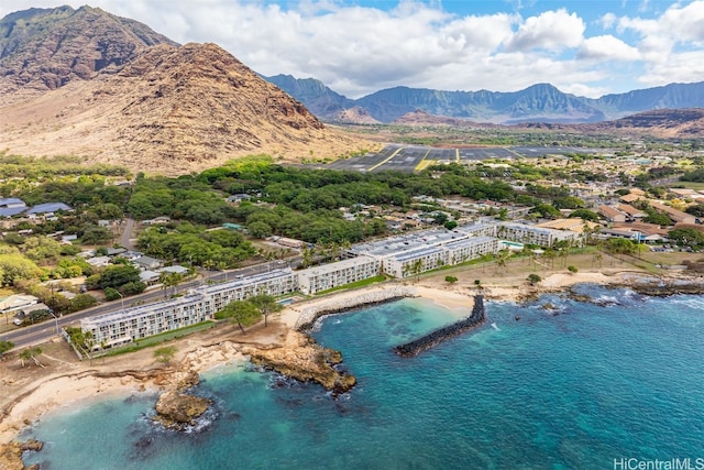 bird's eye view with a water and mountain view