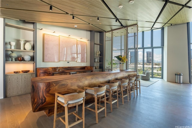 indoor dry bar with a wall of windows, wood finished floors, track lighting, and built in shelves