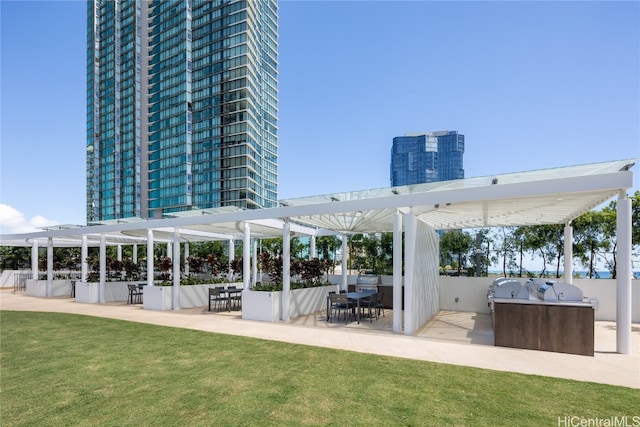 exterior space with a yard, a patio area, and a pergola