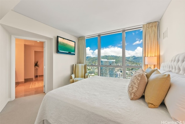 bedroom with a wall of windows and carpet