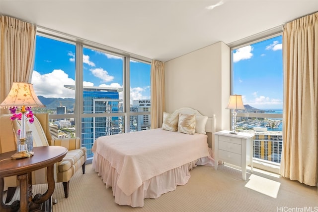 bedroom featuring light carpet and floor to ceiling windows