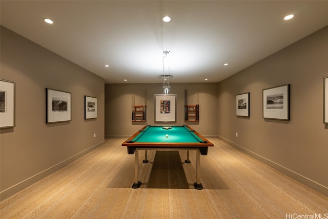 recreation room with billiards and light hardwood / wood-style flooring