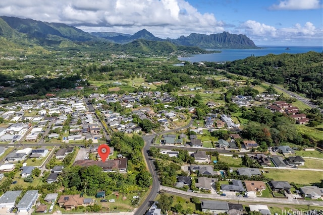 bird's eye view featuring a water and mountain view